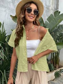 Breezaya Solid Button Front Pocket Patched Shirt - Lime Green - View 4