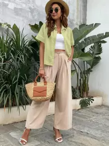 Breezaya Solid Button Front Pocket Patched Shirt - Lime Green - View 5