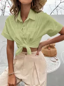 Breezaya Solid Button Front Pocket Patched Shirt - Lime Green - View 7