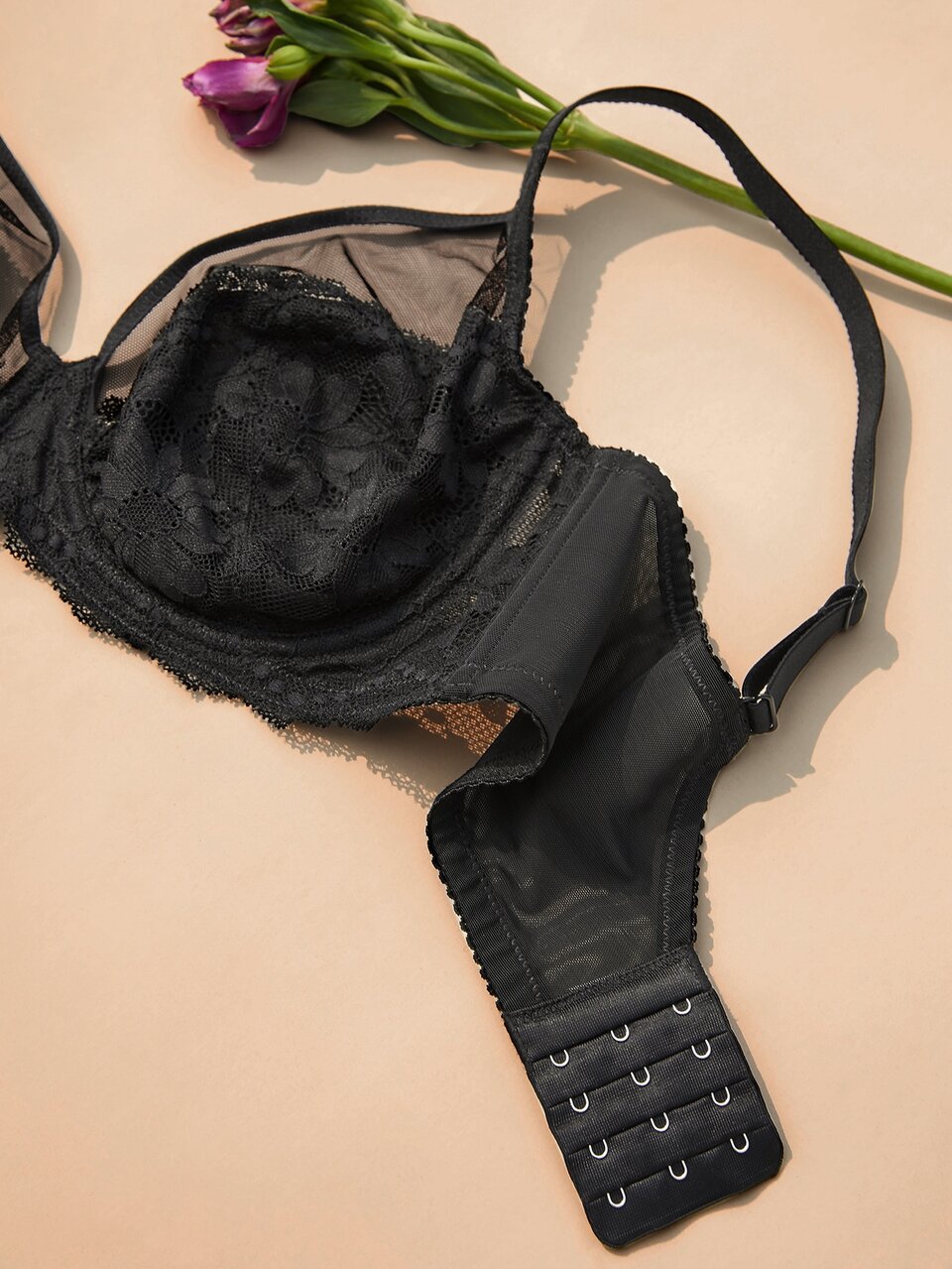 Soft Women Lingerie Lounge Curve Sheer Full Coverage Support&Breathable Underwire Sexy Unlined Minimizer Lace Elegance & Mesh Black Bra Bridal