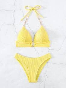 SHEIN Swim 夏季沙灘鏈帶連接領口三角比基尼套裝