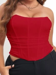 Plus Strapless Ruched Mesh Overlay Tube Corset Top - Red - View 1