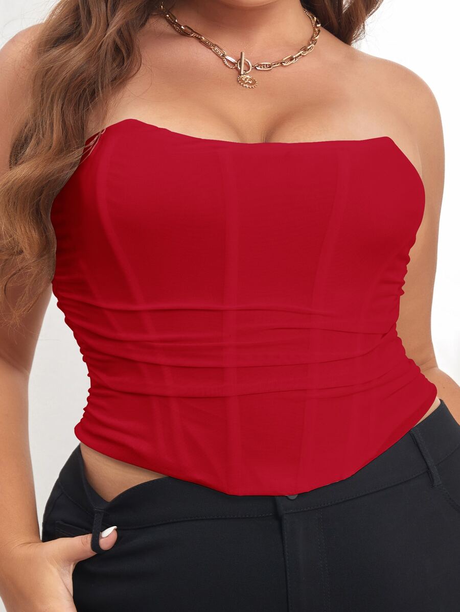 Plus Strapless Ruched Mesh Overlay Tube Corset Top - Red - View 1