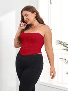 Plus Strapless Ruched Mesh Overlay Tube Corset Top - Red - View 3