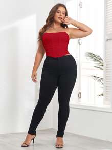 Plus Strapless Ruched Mesh Overlay Tube Corset Top - Red - View 4