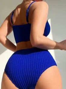 Conjunto de bikini alto con lazo en la cintura, para el verano y la playa - azul real - Ver 2