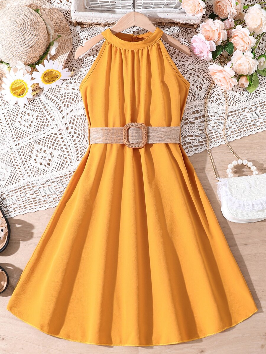 女孩素色腰帶掛脖連衣裙 - 薑色 - 查看 1