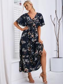 SHEIN VCAY 印花蝴蝶袖繫腰帶連衣裙 - 藏蓝色 - 查看 1