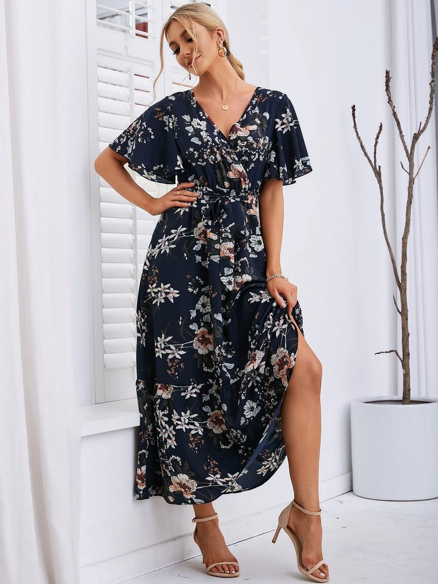 SHEIN VCAY 印花蝴蝶袖繫腰帶連衣裙 - 藏蓝色 - 查看 1