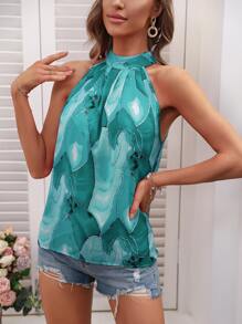 SHEIN Clasi 圖案印花後綁帶襯衫 - 綠色 - 查看 3