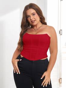 Plus Strapless Ruched Mesh Overlay Tube Corset Top - Red - View 6