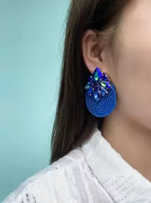 2 chiếc bông tai trang trí bằng đá rhinestone - Xanh đậm - Xem 2