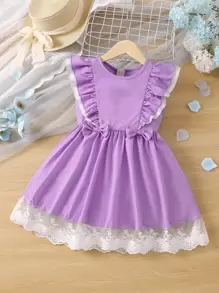 Niñas 1 pieza Vestido con encaje en contraste ribete con fruncido - Púrpura malva - Ver 1