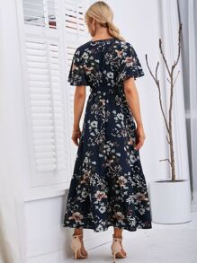 SHEIN VCAY 印花蝴蝶袖繫腰帶連衣裙 - 藏蓝色 - 查看 2