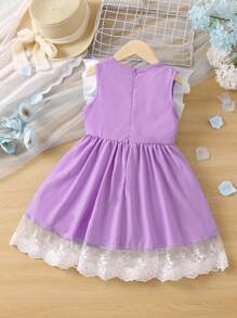 Niñas 1 pieza Vestido con encaje en contraste ribete con fruncido - Púrpura malva - Ver 2