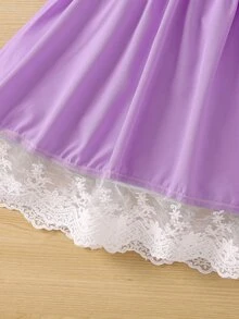 Niñas 1 pieza Vestido con encaje en contraste ribete con fruncido - Púrpura malva - Ver 3