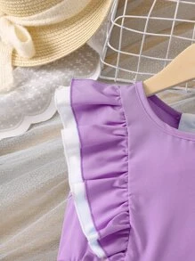 Niñas 1 pieza Vestido con encaje en contraste ribete con fruncido - Púrpura malva - Ver 5