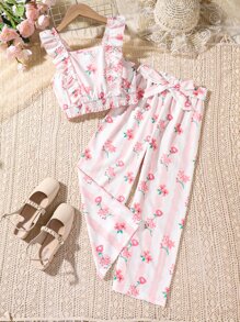 Girls Striped & Floral Print Ruffle Trim Top & Trousers - Multicolor - View 1