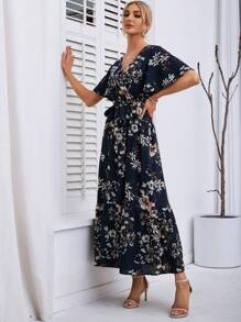 SHEIN VCAY 印花蝴蝶袖繫腰帶連衣裙 - 藏蓝色 - 查看 3