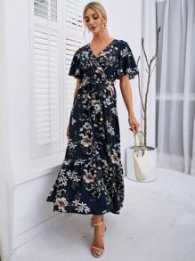 SHEIN VCAY 印花蝴蝶袖繫腰帶連衣裙 - 藏蓝色 - 查看 4