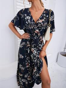 SHEIN VCAY 印花蝴蝶袖繫腰帶連衣裙 - 藏蓝色 - 查看 5