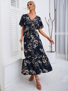 SHEIN VCAY 印花蝴蝶袖繫腰帶連衣裙 - 藏蓝色 - 查看 6