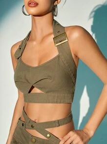 SHEIN X KeniaOs SHEIN ICON 前部剪裁短款露背上衣 - 軍綠色 - 查看 3