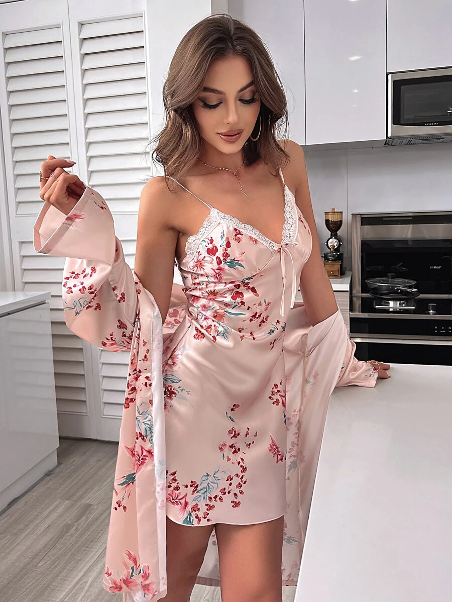 Floral Print Satin Cami Sleep Dress & Robe PJ Set - Baby Pink - View 1
