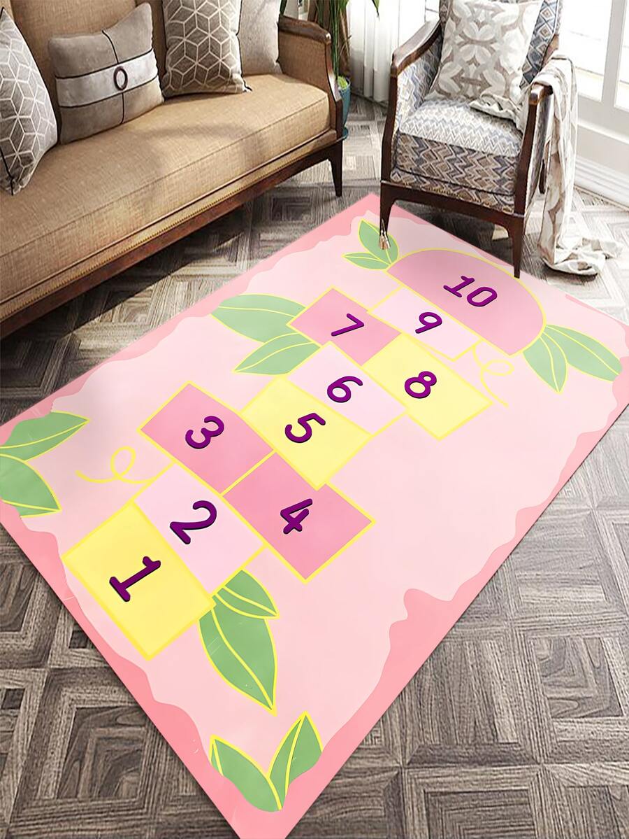 1 pieza Alfombra de poliéster, alfombra de dormitorio con patrón de hojas y números modernos para sala de estar - Multicolor - Ver 1