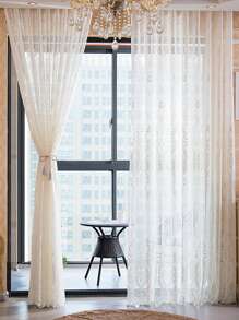 1pc Geometric Pattern Sheer Panel Curtain, Modern Polyester Light Filtering Privacy Sheer Curtain For Living Room - White - View 6