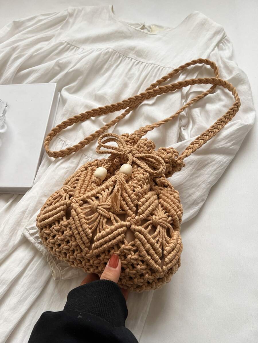 Small Crochet Bag Hollow Out Design - Khaki - View 1
