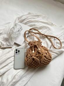 Small Crochet Bag Hollow Out Design - Khaki - View 4