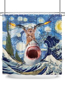 1 Stück Duschvorhang mit Katze & Hai Muster, - Aprikosenfarben - Übersicht 1