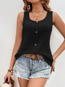 SHEIN LUNE Waffle Knit Button Front Tank Top - Black - View 1