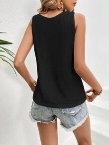 SHEIN LUNE Waffle Knit Button Front Tank Top - Black - View 2