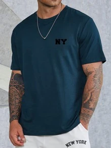 Manfinity Homme Men Plus Letter Graphic Tee Without Necklace - Navy Blue - View 3