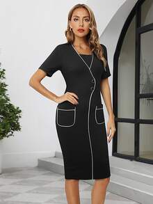 Contrast Binding Button Front Bodycon Dress