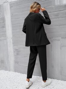 EMERY ROSE Solid Double Button Blazer & Trousers - Black - View 2