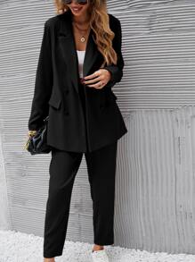 EMERY ROSE Solid Double Button Blazer & Trousers - Black - View 3