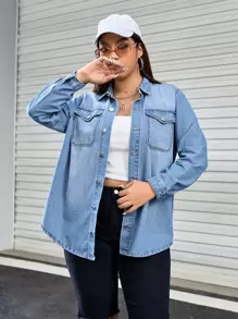 CovetEZ Plus Flap Pocket Denim Shirt - Light Wash - View 1