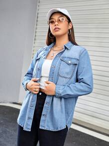 CovetEZ Plus Flap Pocket Denim Shirt - Light Wash - View 3