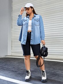 CovetEZ Plus Flap Pocket Denim Shirt - Light Wash - View 4