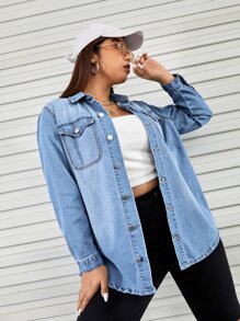 CovetEZ Plus Flap Pocket Denim Shirt - Light Wash - View 5