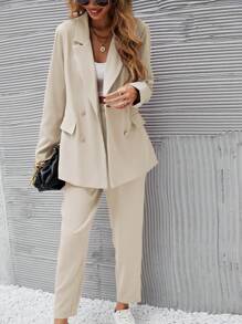 EMERY ROSE Apricot Versatile Casual/Business Double-Breasted Suit Set Blazer Set Womenoffice Wear Women Setwomen Suitwoman Suitpants Suit Fall Cloth For Women - Beige - View 4