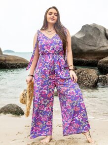 Rusttydustty 女士加大码多色热带植物印花V领连体裤，波西米亚风复活节海滩装扮，夏威夷音乐节热带度假风情 - 彩色 - 查看 1