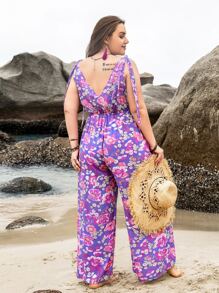 Rusttydustty 女士加大码多色热带植物印花V领连体裤，波西米亚风复活节海滩装扮，夏威夷音乐节热带度假风情 - 彩色 - 查看 2