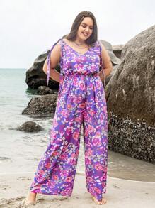 Rusttydustty 女士加大码多色热带植物印花V领连体裤，波西米亚风复活节海滩装扮，夏威夷音乐节热带度假风情 - 彩色 - 查看 3