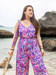Rusttydustty 女士加大码多色热带植物印花V领连体裤，波西米亚风复活节海滩装扮，夏威夷音乐节热带度假风情 - 彩色 - 查看 4
