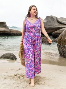 Rusttydustty 女士加大码多色热带植物印花V领连体裤，波西米亚风复活节海滩装扮，夏威夷音乐节热带度假风情 - 彩色 - 查看 5