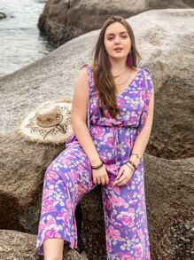 Rusttydustty 女士加大码多色热带植物印花V领连体裤，波西米亚风复活节海滩装扮，夏威夷音乐节热带度假风情 - 彩色 - 查看 6